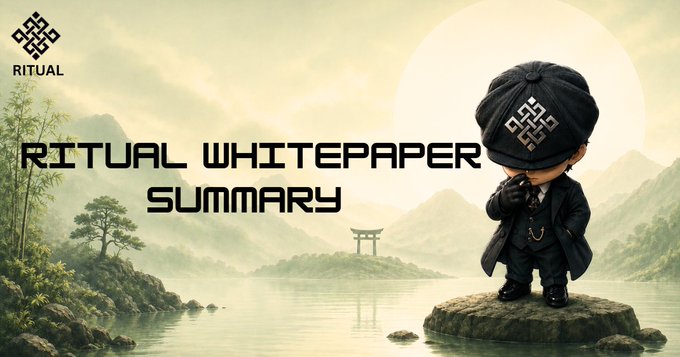 A graphic titled 'RITUAL WHITEPAPER SUMMARY' shows a cartoon character in a black outfit and patterned cap standing on a rock, with a misty Asian landscape and torii gate in the background.