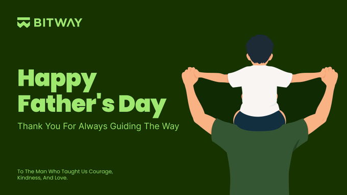 The image features a man holding a child up high, both of them smiling at each other. The background of the image is green with white text that reads "Happy Father's Day" and "To the man who taught us courage". Below this, there are two lines of text in white font that say "Thank you for always guiding the way", followed by a line of text that says "To the man who taught us courage". The image also includes a small illustration of a dragon boat.