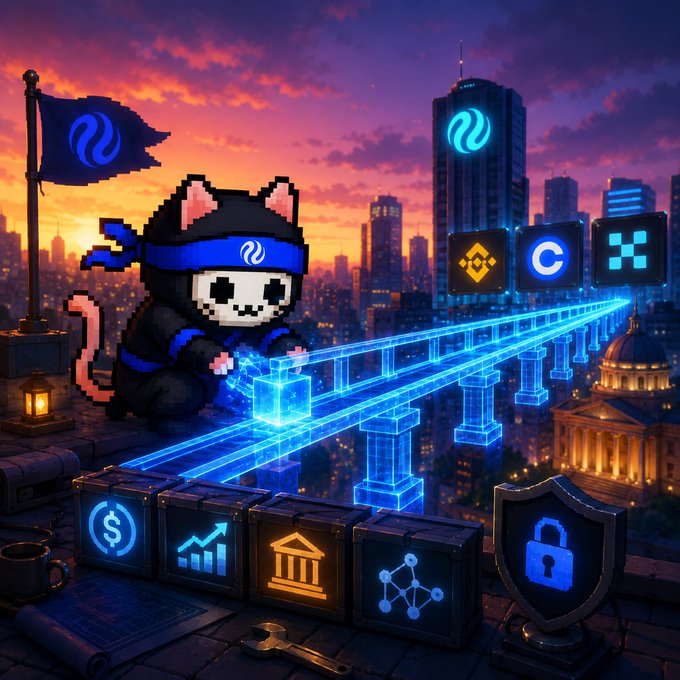 A pixel art illustration of a ninja cat character with a blue headband containing the Sui (SUI) logo, working on glowing blue blockchain bridges connecting to Binance (BNB), Coinbase (C), and other crypto icons, with cryptocurrency symbols at the base against a sunset cityscape.