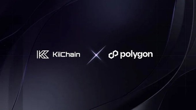 A dark promotional graphic displays the logos 'KiiChain' and 'polygon' separated by an 'X', indicating a partnership or collaboration.