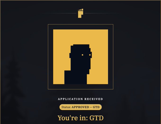 The image shows an "Application Received" status screen with a pixelated silhouette avatar on a gold background, indicating "You're in: GTD" with an approved status for BITFOOTS, supporting the post's enthusiasm about being ready to support builders in the project.