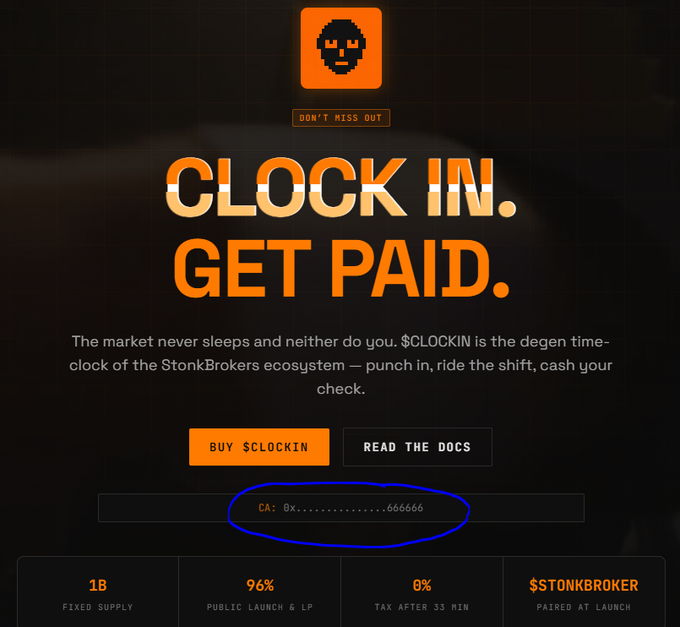 A promotional banner for the $CLOCKIN token within the StonkBrokers ecosystem, featuring the slogan "Clock In. Get Paid." and a contract address (CA: 0x...........666666) highlighted in blue, alongside stats like a 1B fixed supply and 96% public launch allocation — directly referencing the $Clockin token the user is excited about.