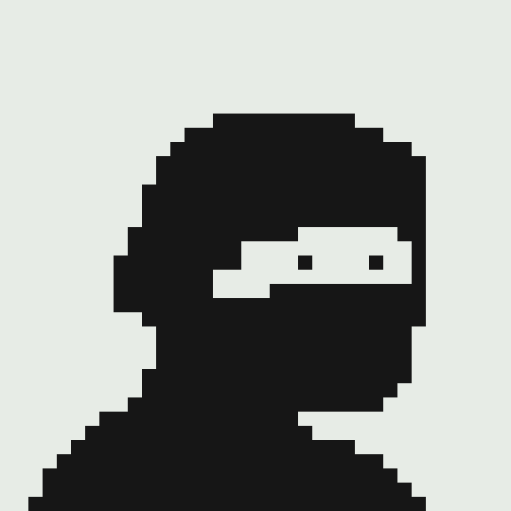 A black and white pixel art depiction of a figure wearing a head covering, with only their eyes visible.