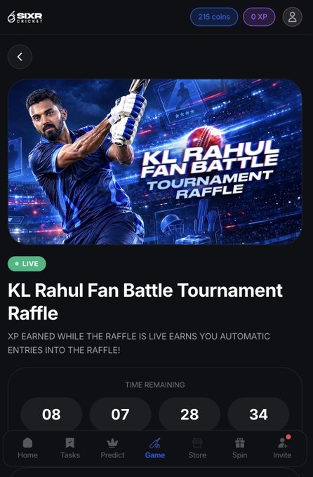 A mobile app screen from 'SIXR CRICKET' featuring a 'KL Rahul Fan Battle Tournament Raffle' banner with an active countdown timer showing 08:07:28:34 remaining.