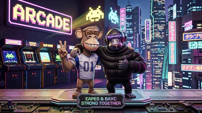 A cartoon-style image of a monkey (Bored Ape) and a black ape (MultiversX BAXC) standing together in a neon-lit arcade with the text 'EAPES & BAXC STRONG TOGETHER.'