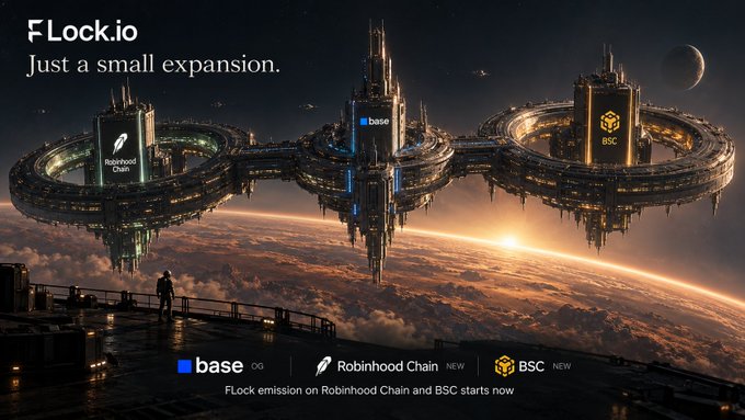 A futuristic sci-fi illustration shows floating orbital stations above Earth, each displaying logos for Robinhood Chain, Base, and BSC, with "FLock.io" and "Just a small expansion." written in the top corner. The image visualizes FLock's expansion announcement, depicting the launch of FLock token emissions on Robinhood Chain and BSC alongside the existing Base integration.