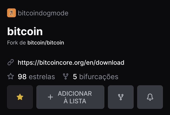A GitHub repository page for 'bitcoindogmode' showing a fork of 'bitcoin/bitcoin' with 98 stars and 5 forks.