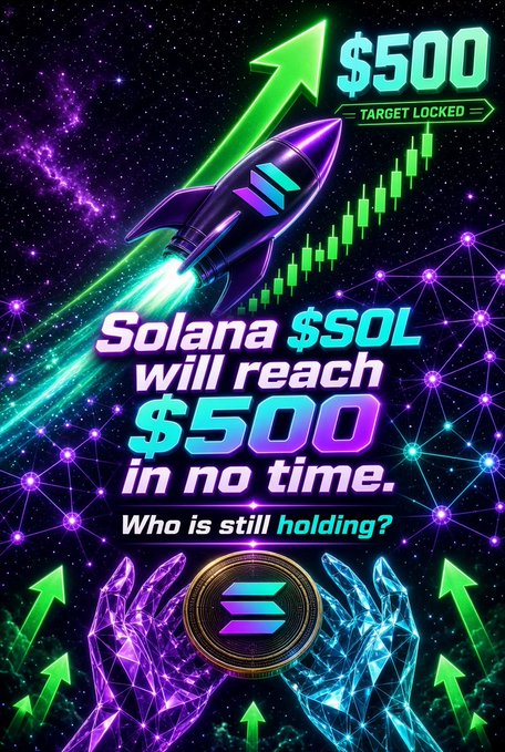 A neon-styled promotional graphic features a purple rocket launching upward alongside green candlestick chart arrows and the text "Solana $SOL will reach $500 in no time. Who is still holding?", visually reinforcing the post's bullish price prediction through space-themed imagery and a glowing $500 target marker.