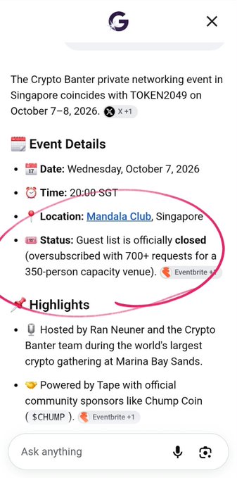 A notification showing Crypto Banter's networking event at Mandala Club in Singapore on October 7-8, 2026 (coinciding with TOKEN2049) with guest list officially closed due to oversubscription with 700+ requests for 350-person capacity. The caption "It's going to be a big one!" reflects the event's massive demand and oversold popularity.