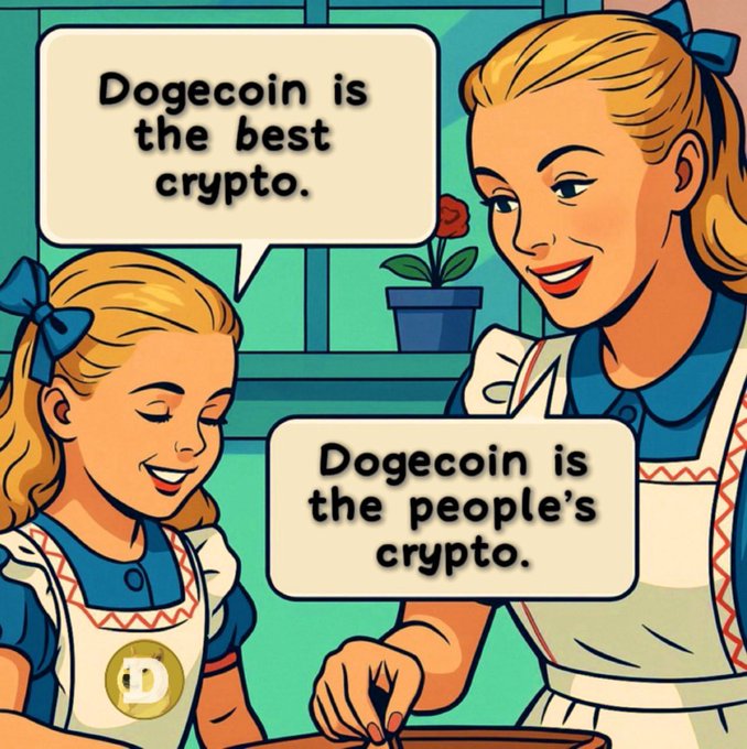 A retro-style cartoon illustration shows a mother and daughter baking, with speech bubbles stating 'Dogecoin is the best crypto' and 'Dogecoin is the people's crypto.'