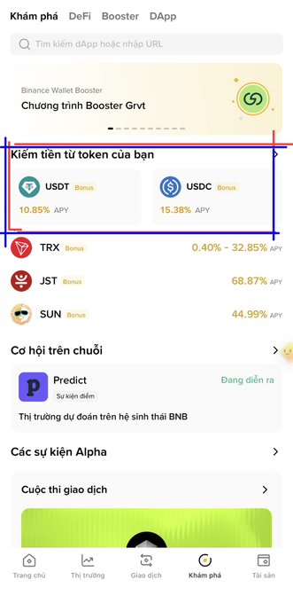 A Vietnamese-language mobile app interface, likely Binance, highlighting a section titled 'Kiếm tiền từ token của bạn' (Earn money from your tokens) showing USDT at 10.85% APY and USDC at 15.38% APY, along with other tokens like TRX, JST, and SUN.