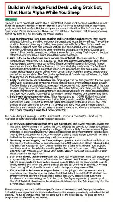The image shows a detailed guide titled "Build an AI Hedge Fund Desk Using Grok Bot: That Hunts Alpha While You Sleep," which outlines how to set up specialized AI bots—including a ChatGPT Stock Picker, Chart Checker, Earnings Trade Scanner, and News Reaction Bot—to autonomously generate trade signals and run trading strategies on tickers like GROK, INTC, TSLA, AAPL, and MSFT. The post promotes this concept as a way to build a 24/7 AI hedge fund that hunts for alpha even while you sleep, directly reflecting the guide's content on creating self-running, research-driven bot portfolios.