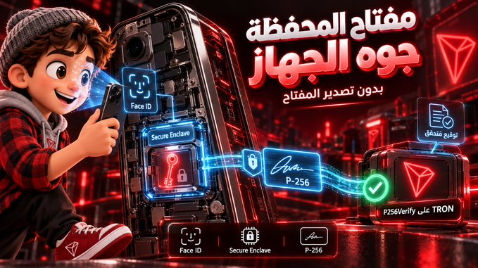 A cartoon character holds a smartphone displaying its internal components, highlighting Face ID, Apple Secure Enclave, and P-256 signature features that connect to a "P256Verify" module on TRON. Arabic text promotes a "secure wallet key" ("مفتاح المحفظة جوه الجهاز") "without exporting the private key" ("بدون تصدير المفتاح"), visually illustrating how the post describes iPhone hardware security elements working together for on-device crypto transaction verification.