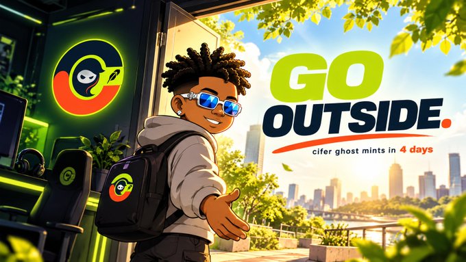 A cartoon-style promotional graphic shows a young man with dreadlocks and blue sunglasses next to the text 'GO OUTSIDE' and 'cifer ghost mints in 4 days'.