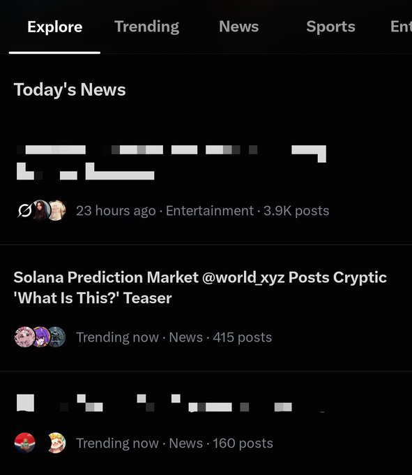 A dark-themed social media feed showing the 'Explore' tab with 'Today's News' and a headline about 'Solana Prediction Market @world.xyz Posts Cryptic 'What Is This?' Teaser'.