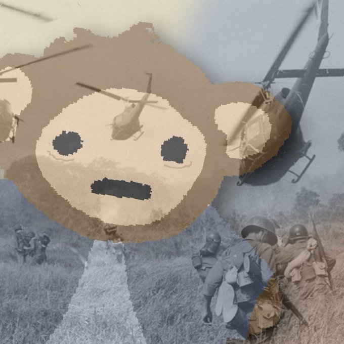 A whimsical illustration depicting a teddy bear-shaped military helicopter with a cartoonish face hovering over soldiers carrying equipment in a grassy field.