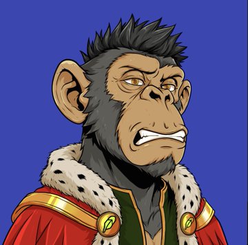 A digital illustration of an angry-looking monkey character with spiky dark hair, wearing a regal red robe with white fur trim and gold accents against a blue background.