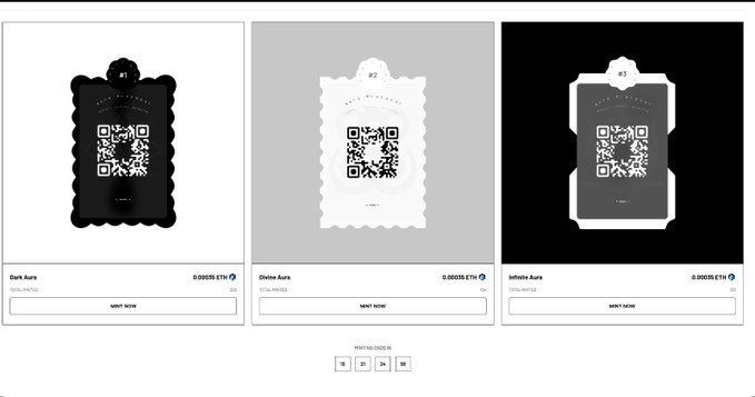 The image displays three Aura Early Bird NFT options (#1 Dark Aura, #2 Divine Aura, #3 Infinite Aura), each priced at 0.00035 ETH and featuring a scrolled tag design with a QR code, relating to the live mint announcement for Aura Protocol's OG identity NFTs limited to 3 per account until August 8, 2026.