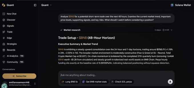The Quant dark-mode trading interface analyzes “$BNB (48-Hour Horizon),” describing “Executive Summary & Market Trend” and suggesting “Long BNB 5x,” “Get BNB market stats,” and “Check SOL perps.”