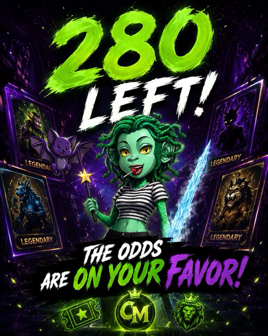 A vibrant gaming promotional poster featuring a green-skinned zombie-like character with the text '280 LEFT!' at the top and 'THE ODDS ARE ON YOUR FAVOR!' at the bottom, surrounded by 'LEGENDARY' cards.