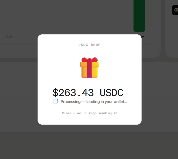 A USDC Drop notification shows a $263.43 USDC reward processing to the user's wallet, visually confirming the Moonpay reward mentioned in the post.