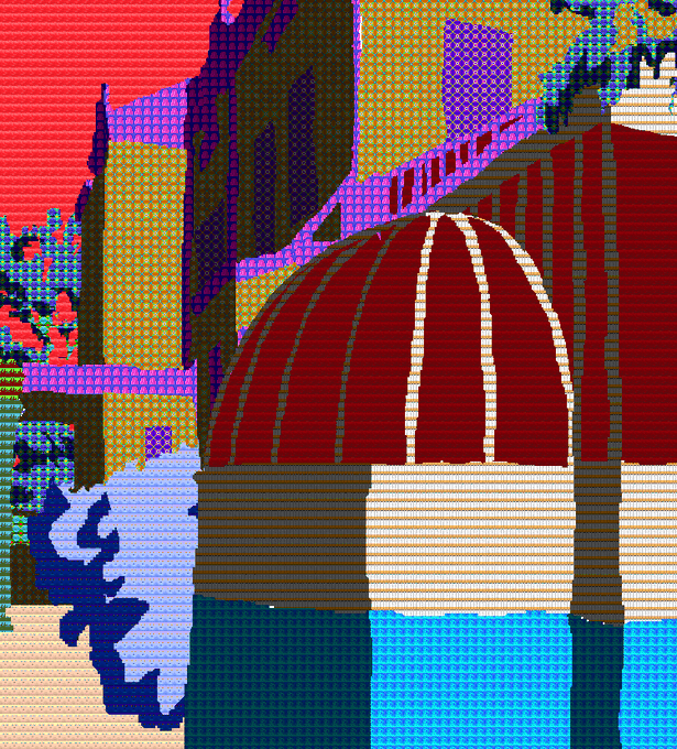 A pixelated, retro-style digital artwork depicts a red and white domed structure in the foreground with a water tower, set against a colorful background of purple, yellow, and pink buildings under a red sky.