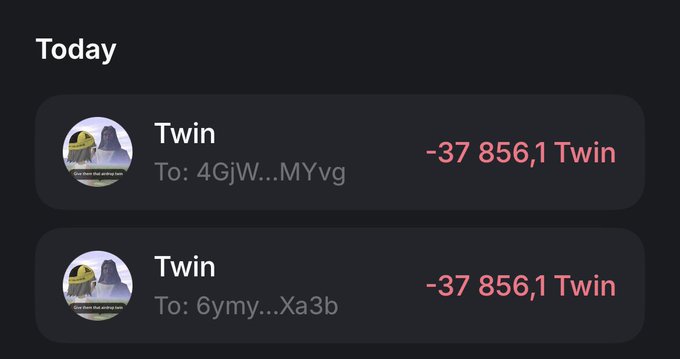 A mobile app transaction history showing two transfers of -37,856.1 Twin tokens sent to different wallet addresses.