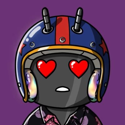 A digital illustration of a character with a dark gray face wearing a blue helmet with spikes and a red stripe, featuring glowing red heart-shaped eyes and wearing a floral shirt against a purple background.