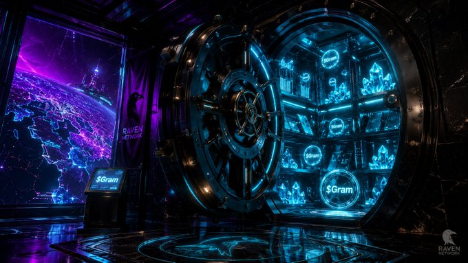 A futuristic vault-like chamber bathed in neon blue and purple lighting displays "$Gram" branding alongside illuminated crystal formations, with the "Raven Network" logo visible, symbolizing the secure, high-tech unveiling of the $Gram cryptocurrency teased in "$Gram is coming."