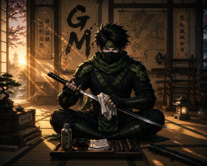 A digital artwork depicts a ninja in green and black attire sitting cross-legged on tatami mats, carefully cleaning a katana, with calligraphy scrolls featuring kanji characters and 'GM' (Good Morning) painted on the wall behind him.