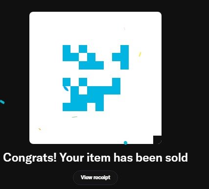 A digital receipt notification on a black background displaying a blurred blue square and the text 'Congrats! Your item has been sold' with a 'View receipt' button.