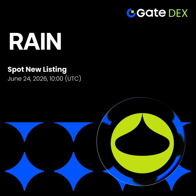 The image features a black background with white text that reads "Rain" followed by a list of details about a new listing for Rain, including the date, time, and location of the event. The text also mentions that the listing is available on web3.gate.com/spot/RAIN_USDT.