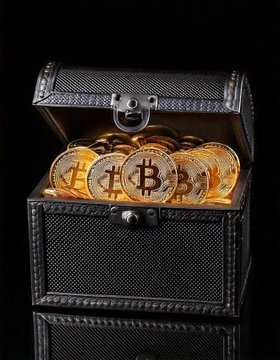 A black treasure chest filled with gold Bitcoin coins sitting on a reflective surface against a dark background.