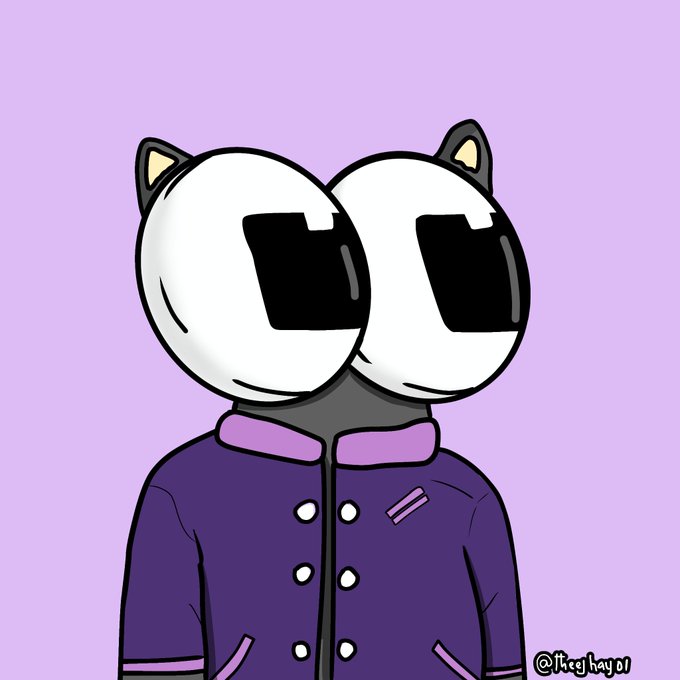 A digital illustration of a cartoon character with two conjoined heads, large black sunglasses, cat ears, and a purple button-up jacket against a solid light purple background, signed '@fleghay01'.