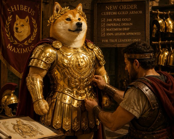 A Shiba Inu dog wearing a golden laurel wreath and ornate gold armor stands as a human in leather gear adjusts the fit, with a sign reading 'NEW ORDER CUSTOM GOLD ARMOR' listing features like '24K PURE GOLD' and 'IMPERIAL DESIGN', alongside a banner displaying 'SHIBEUS MAXIMUS'.