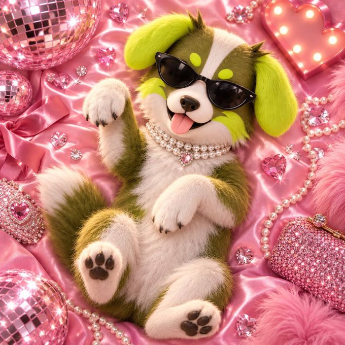 A stylish plush dog with neon green fur lounges on a pink satin backdrop, wearing oversized black sunglasses and pearl necklaces, surrounded by glittering disco balls, rhinestone hearts, and sparkly pink accessories—giving off a glam "memecoin mascot" vibe that fits the $ROBDOG vibe of a flashy, dog-themed crypto token.