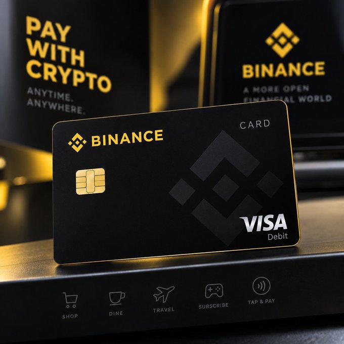 A sleek black and gold Binance Visa Debit Card is prominently displayed, with "PAY WITH CRYPTO ANYTIME, ANYWHERE" signage and "BINANCE - A MORE OPEN FINANCIAL WORLD" branding in the background, visually reinforcing the post's theme of integrating cryptocurrency into everyday spending. The card's bottom edge features icons for shopping, dining, travel, subscriptions, and tap & pay—illustrating the seamless real-world utility the post highlights.