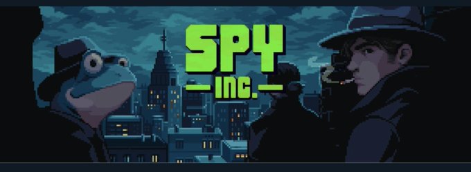 A pixel-art style banner for "SPY INC." featuring a spy in a fedora and trench coat next to a frog character against a nighttime city skyline.