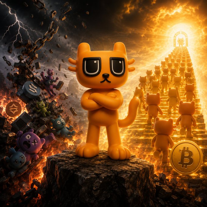 Digital artwork featuring an orange cat character standing on a rock with arms crossed, surrounded by burning coins, chains, and other defeated characters, with a glowing staircase leading to a Bitcoin symbol in the background.