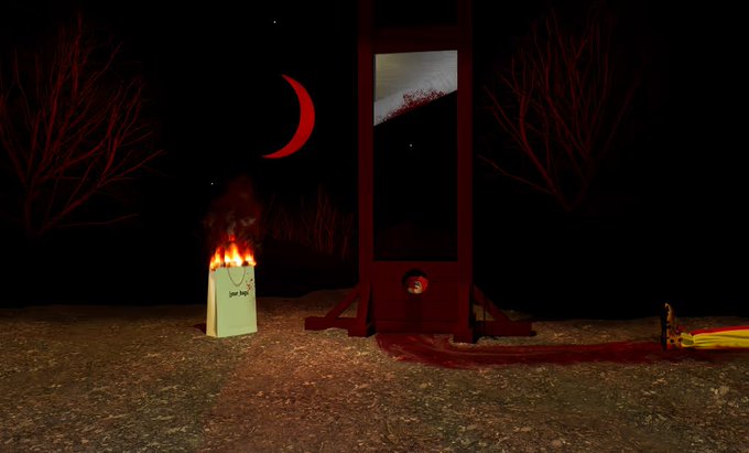 A dark outdoor scene features a guillotine, a red crescent moon, bare red trees, and a burning paper bag on the ground.