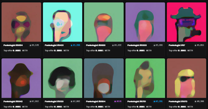 A grid of ten abstract, colorful NFT profile pictures labeled 'Punkologist' with various IDs, all showing top offers around 0.0001 ETH.