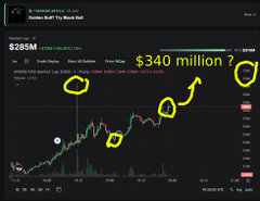 A cryptocurrency price chart on what appears to be a trading platform, showing a price around $285M with an upward trend and handwritten annotations including "$340 million" and several circled data points marked in yellow.
