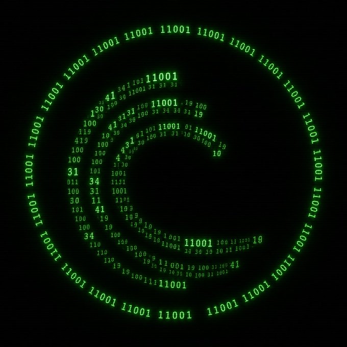 Glowing green binary numbers and sequences like "11001" and "100" form the spiral silhouette of a CRYPTOKITTIES logo, nodding to the 25 (now blocky-decimal) years the community has spent watching the pieces flow.
