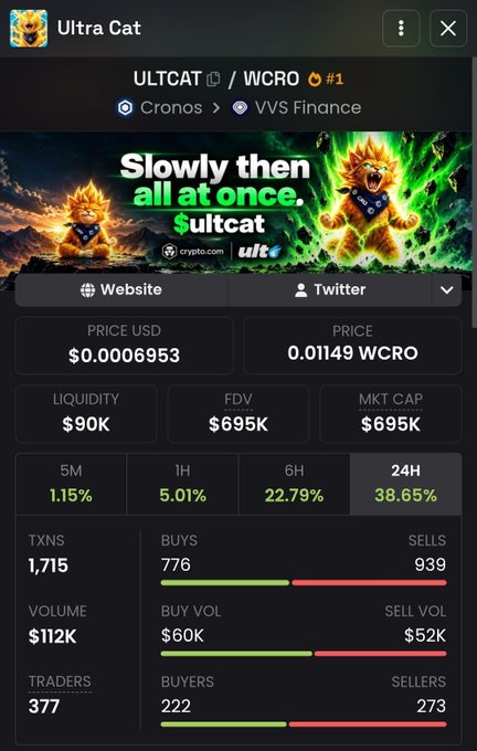 A cryptocurrency dashboard for 'ULTCAT' token displays its price as $0.0006953 (0.01149 WCRO) and shows a 24-hour increase of 38.65%.