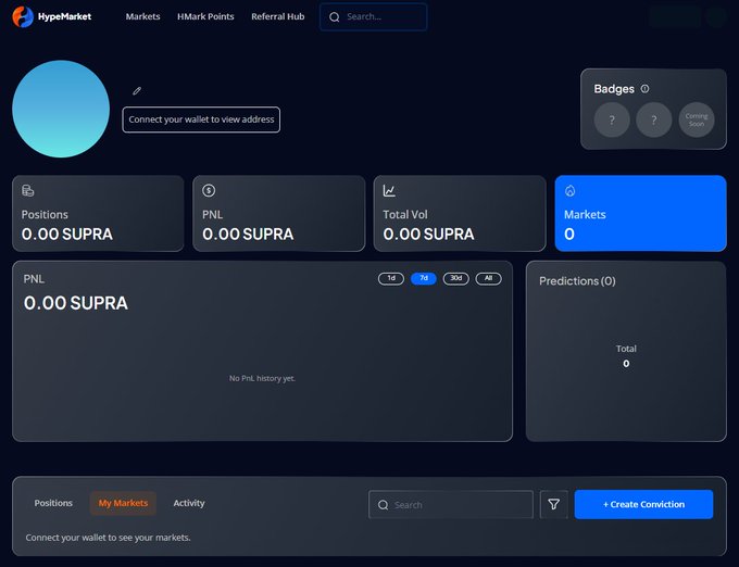The image shows a screenshot of a webpage with a dark blue background, which appears to be related to investing or market updates as indicated by the content displayed. The screenshot also includes a social media symbol (a circle with a line through it) near the top right corner and some text that reads "HypeMarket live on Supra mainnet soon!". This information suggests that the website is likely hosting an event, announcement, or discussion related to the cryptocurrency market.