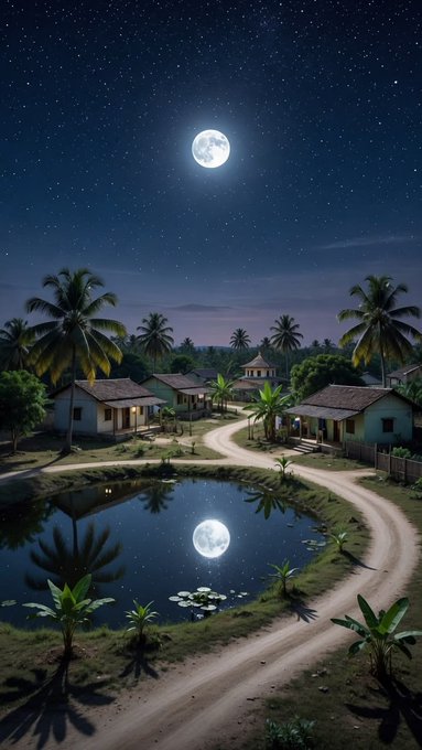 A serene nighttime landscape featuring a full moon illuminating a small village with palm trees, modest houses, a winding dirt path, and a pond reflecting the moonlight.