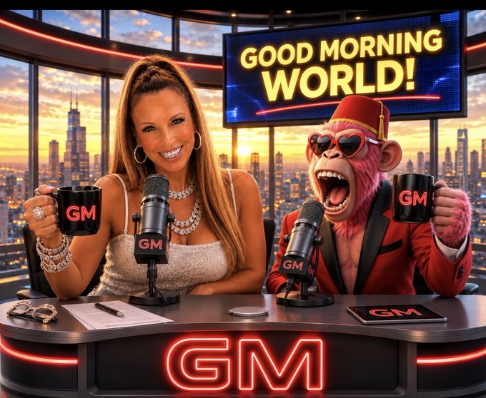 A digital mock-up of a morning show called 'GOOD MORNING WORLD!' features a smiling woman in a sparkly top sitting next to a pink monkey wearing sunglasses and a fez, both holding 'GM' branded mugs.