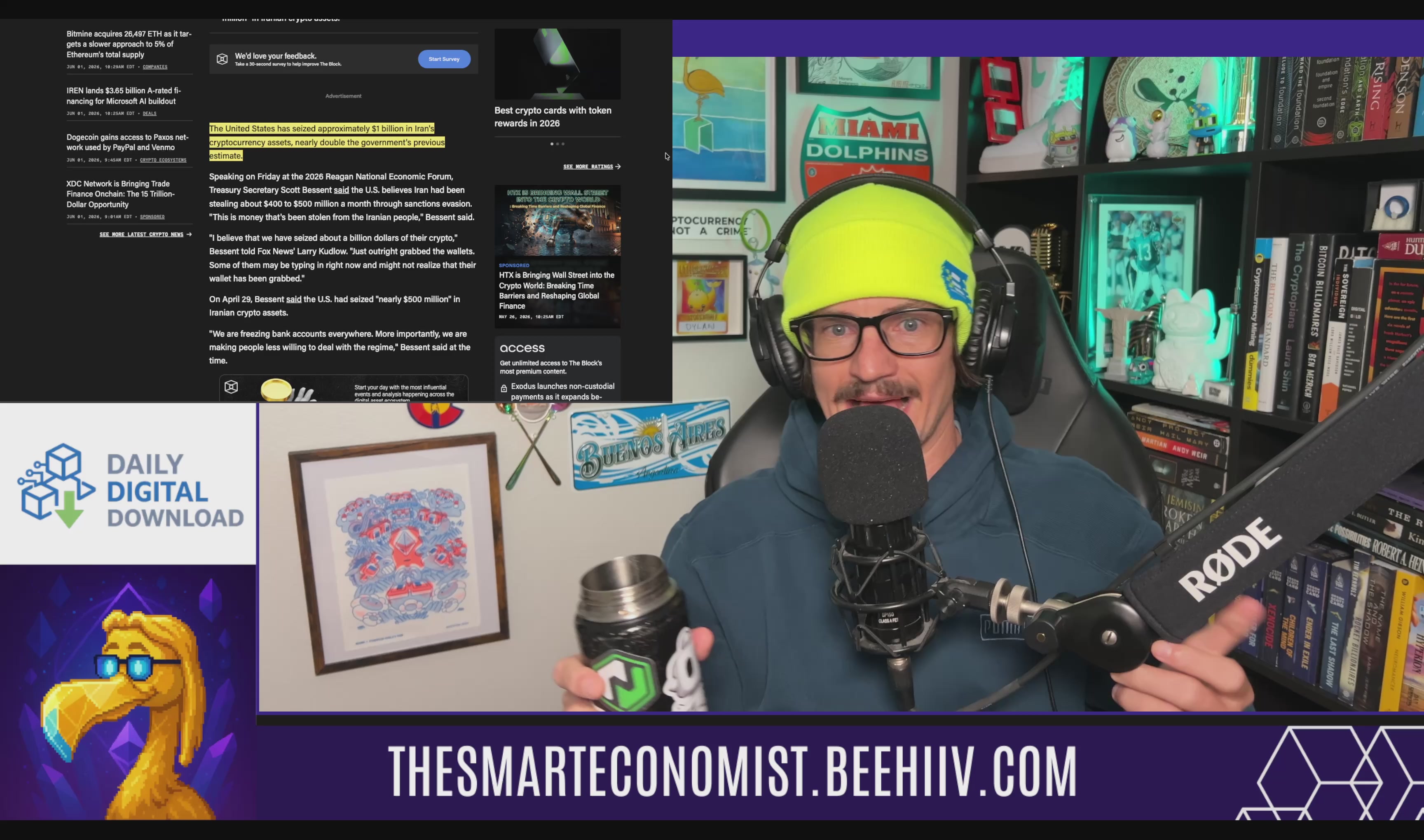 The image shows a man wearing a yellow hat sitting behind a microphone, with a computer screen displayed in front of him that contains information about an online radio show. The post mentions Bitcoin, which can be inferred from the name "Bitcoin" written on the computer screen. The man appears to be holding up a drink and talking into the microphone.