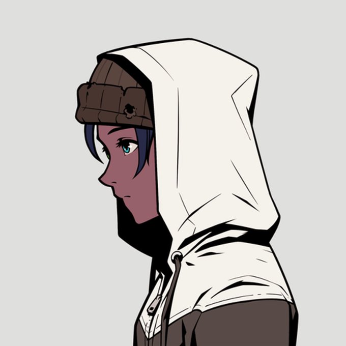 An anime-style side profile of a character with dark hair wearing a white hooded jacket and a brown cap against a plain grey background.