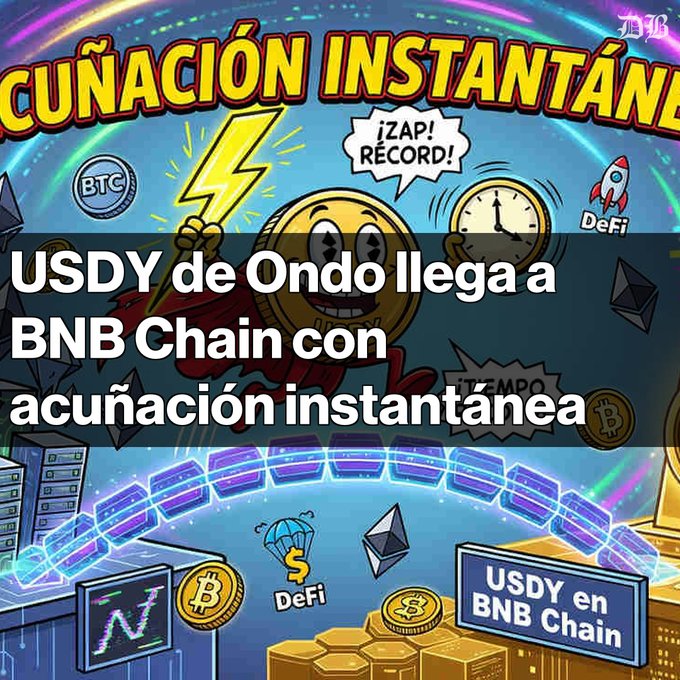 A Spanish-language crypto news graphic announcing 'USDY de Ondo llega a BNB Chain con acuñación instantánea', with cartoon cryptocurrency imagery including BTC and DeFi icons.